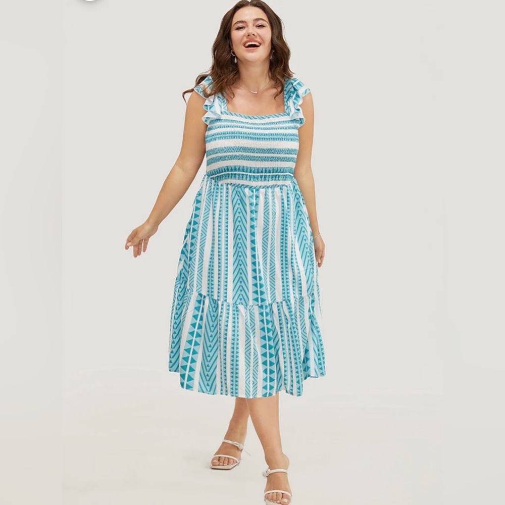 BloomChic Striped Contrast Square Neck Pocket Ruffles Shirred Cami Dress